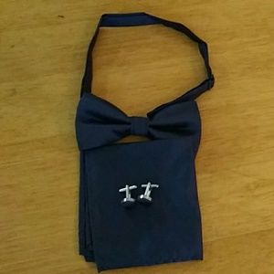 New Navy Blue Bow Tie Cuff Links And Pocket Square